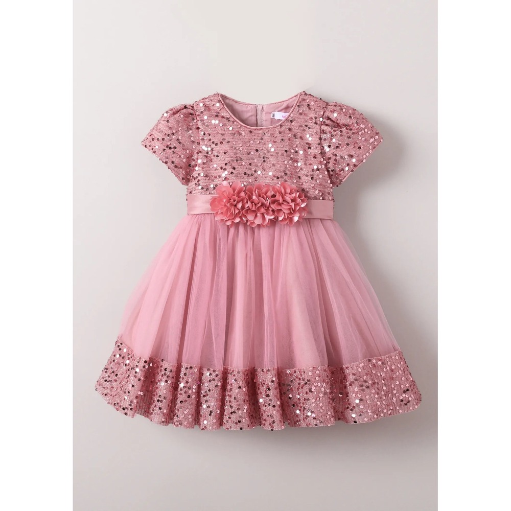 Girls Mauve Pink Sequin Tulle Party Dress Floral Sash Big Back Bow Flower Girl